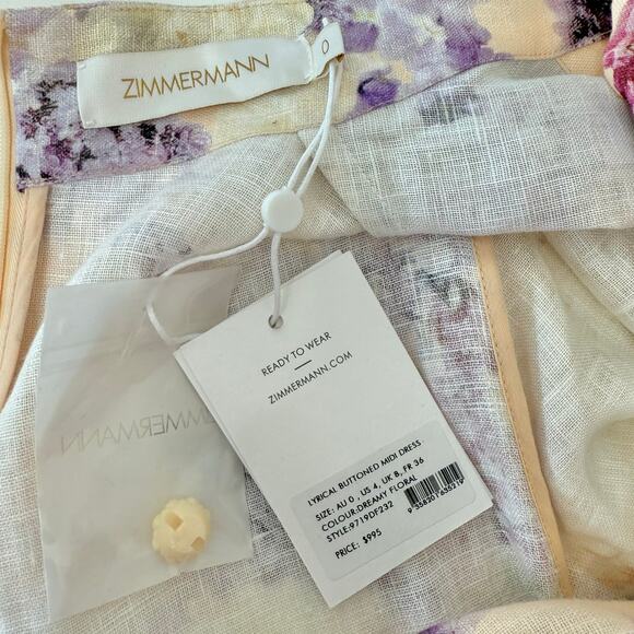 ZIMMERMANN Lyrical Buttoned Midi Dress Floral Print Linen 0 (US 4) NWT - Picture 13 of 16